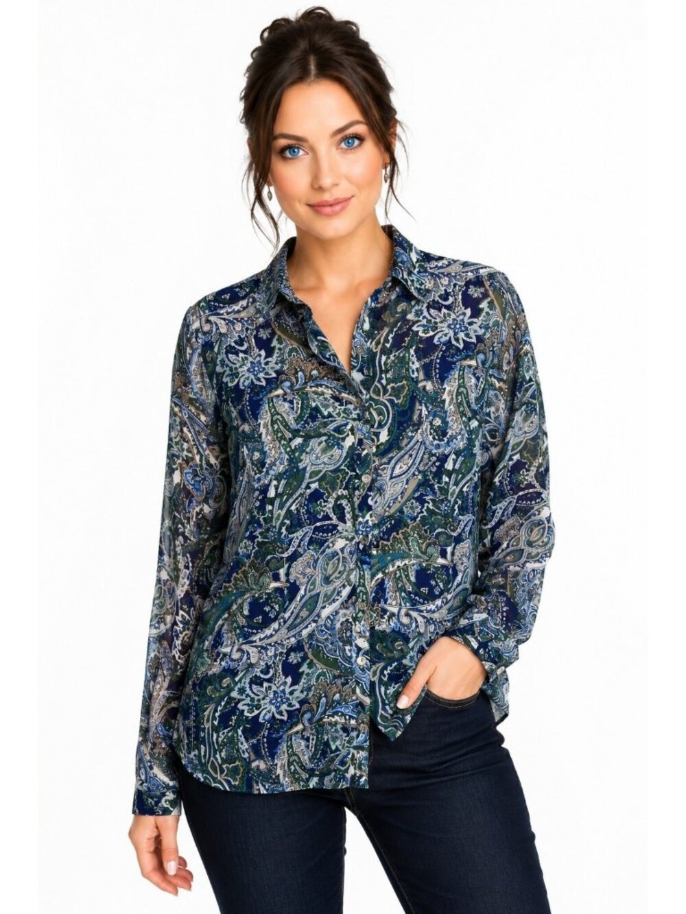 Roz & Ali Women's Paisley Button-Up Top Blue Green Beige Collared Long Sleeve L